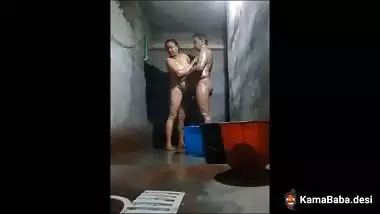 Village couple enjoy bathroom sex while bathing together