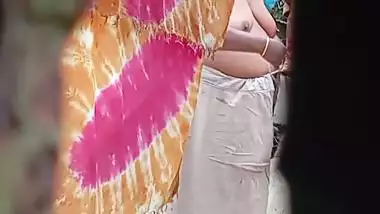 Mature neighbor MILF mom outdoor bath and wearing dress